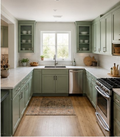 Compact U-shaped sage kitchen with sink beneath a bright window