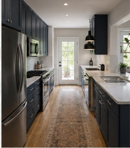 Long narrow navy galley kitchen with counters on both sides