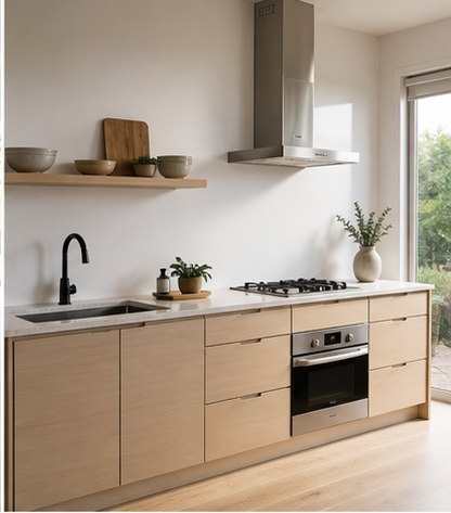 Streamlined one-wall light wood kitchen with integrated appliances