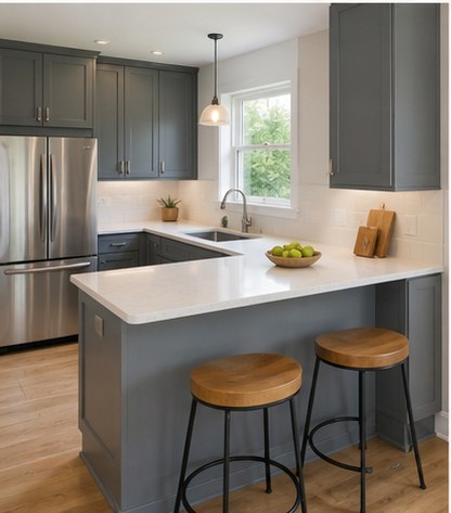 Peninsula kitchen layout with gray cabinets and counter seating