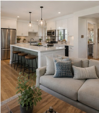 Open-concept kitchen with island facing a connected living room