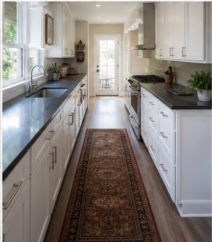 Long narrow kitchen layout with sink and range on opposite runs