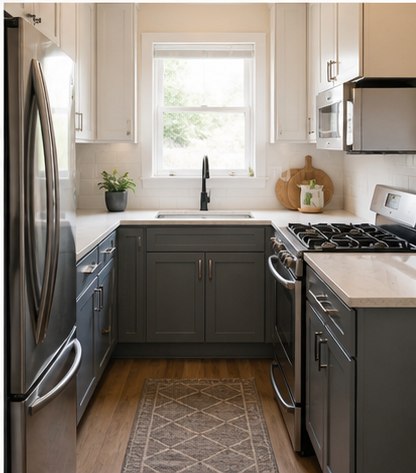 Small efficient kitchen with charcoal base cabinets and close work zones