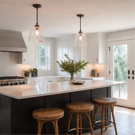 Three clear pendants centered above a dark kitchen island