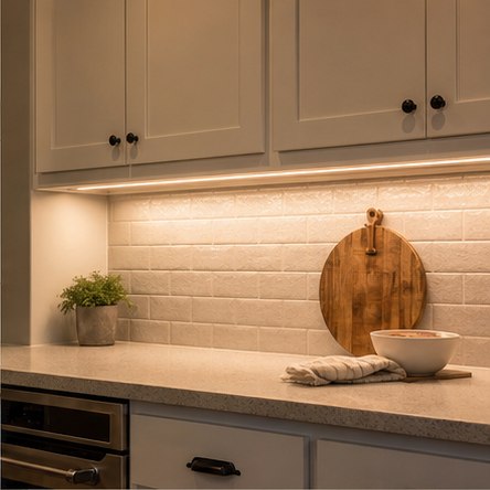 Warm under-cabinet task lighting across a kitchen counter