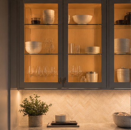 Glass-front kitchen cabinets with warm interior display lighting