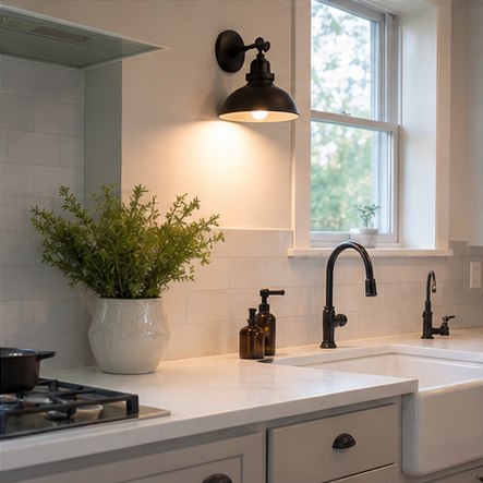 Black wall sconce illuminating a kitchen sink below a window