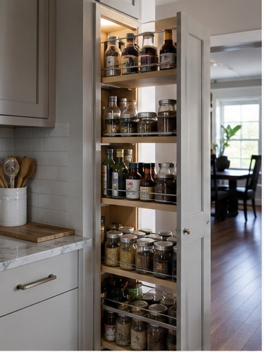 Narrow tall pull-out pantry stocked with jars and bottles