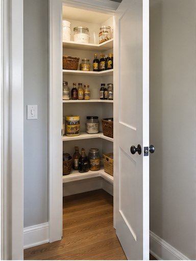 Small reach-in pantry with shallow wood shelves and white door