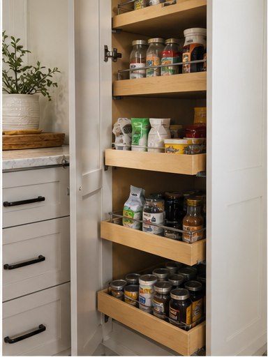 White pantry cabinet with full-extension wood rollout shelves