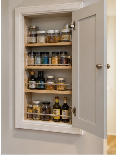 Shallow wall-mounted pantry cabinet filled with spice jars