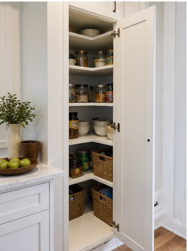 Compact corner pantry with curved shelves and storage baskets