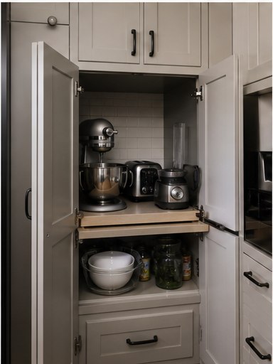 Kitchen pantry cabinet with mixer toaster and coffee appliances