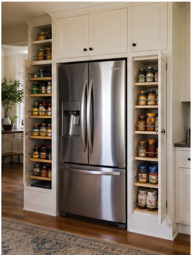 Refrigerator framed by narrow pantry cabinets and upper storage