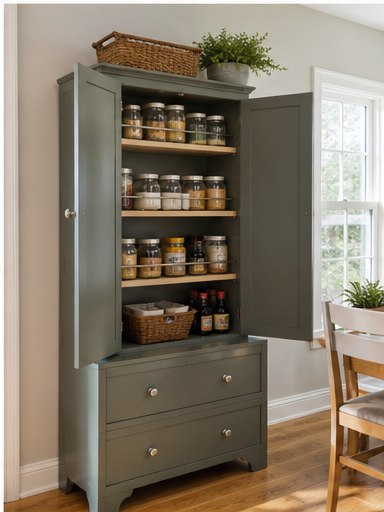Freestanding muted green pantry cabinet with doors and drawers