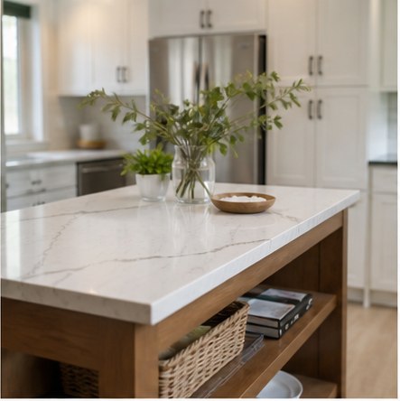 Wood kitchen island with white counter and open storage baskets