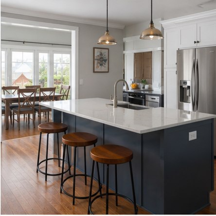 Remodeled kitchen with navy island opening toward a dining room