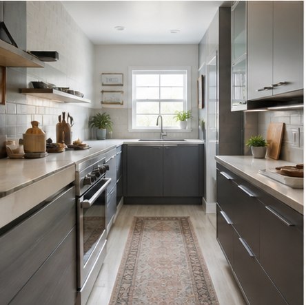 Updated gray galley kitchen with streamlined cabinets and runner
