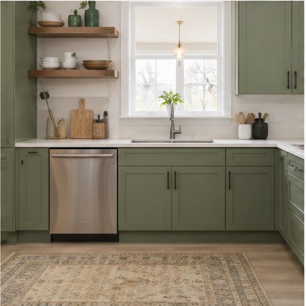 Sage green kitchen remodel with white counter and wood shelves