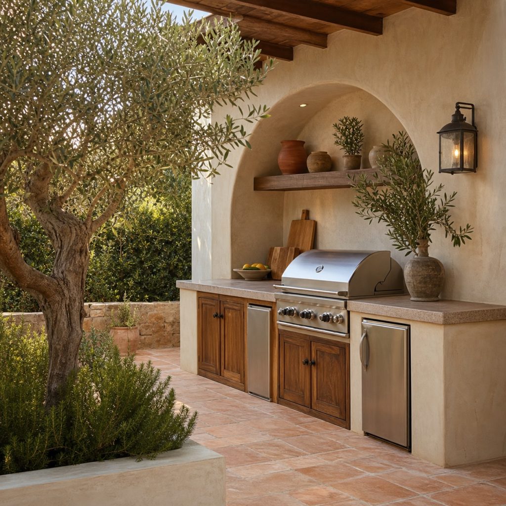 Mediterranean outdoor kitchen with limewashed stucco and shallow arched niche
