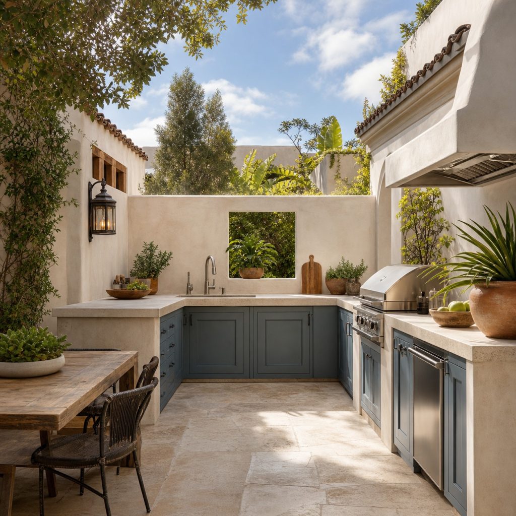 Mediterranean courtyard kitchen with cream stone counter and muted cabinets