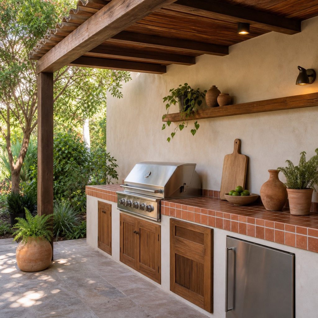 Outdoor kitchen with terracotta accents, warm plaster, and clay pottery