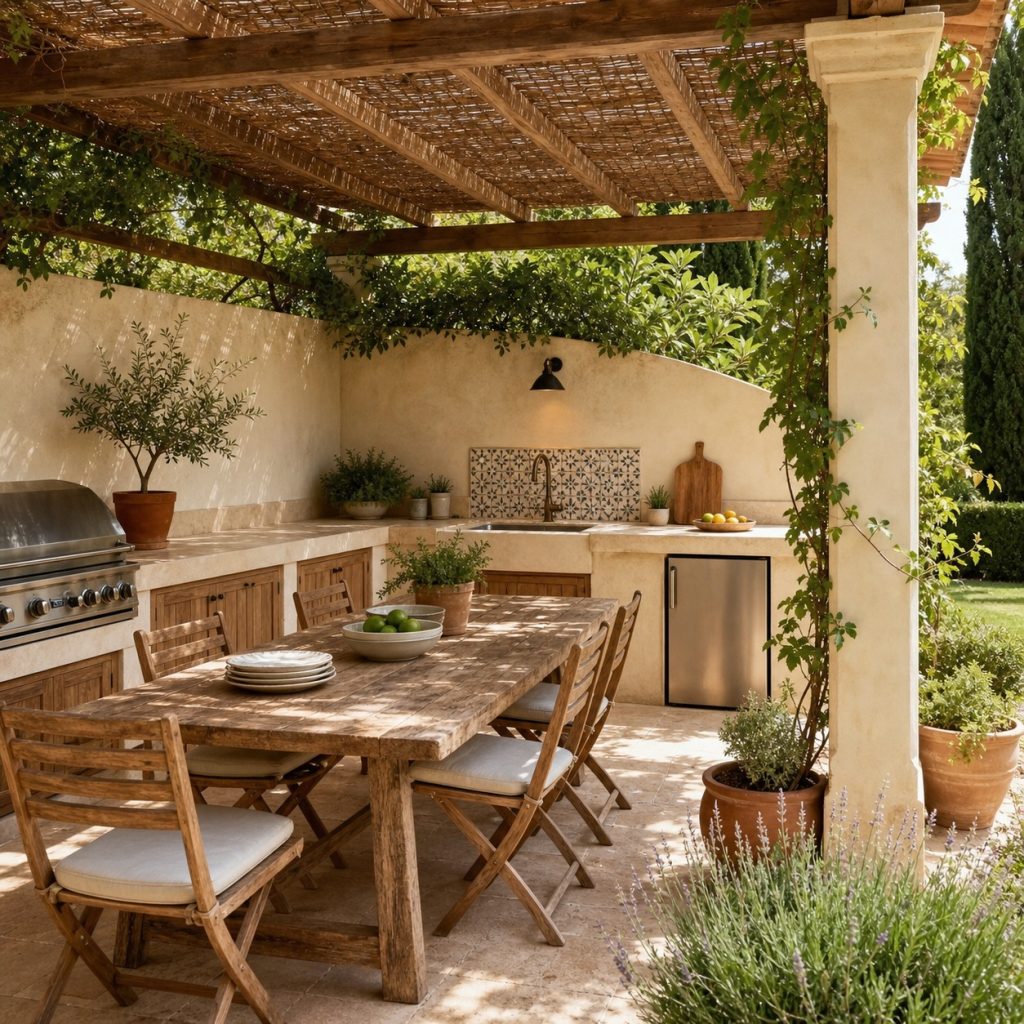 Mediterranean kitchen with patterned mosaic backsplash at sink only