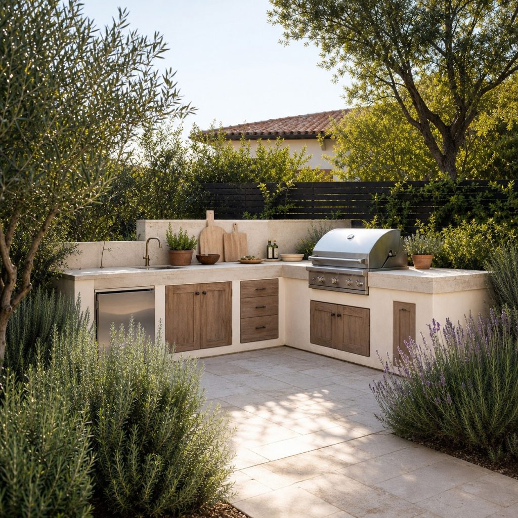 Mediterranean outdoor kitchen surrounded by olive, rosemary, and lavender