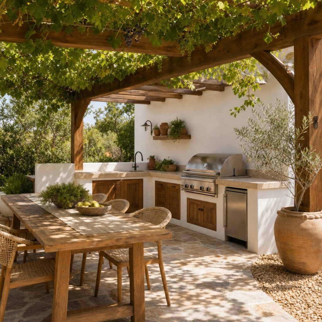 Mediterranean pergola kitchen with controlled grapevine canopy away from grill
