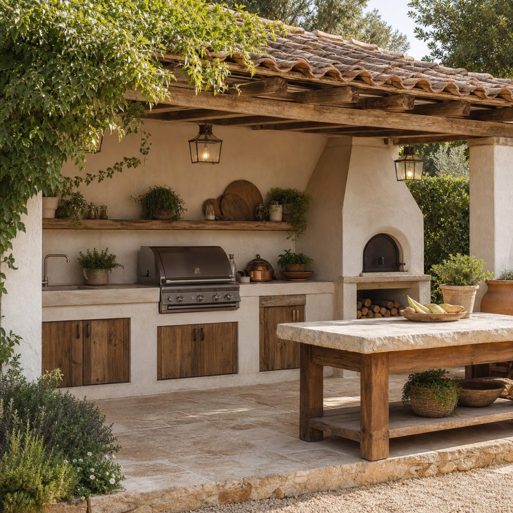 Rustic Mediterranean kitchen with rough plaster and reclaimed-look timber doors