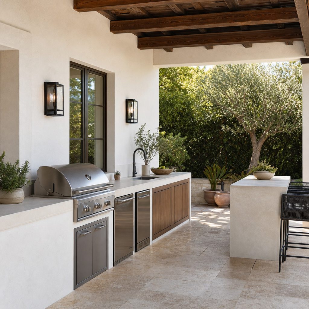 Contemporary Mediterranean kitchen with white stucco and travertine-look paving