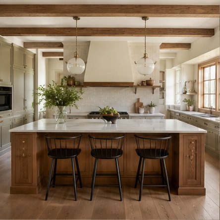 Modern farmhouse kitchen with white cabinets wood island and simple beams