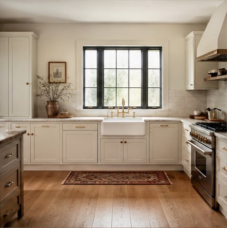 Warm white farmhouse kitchen with apron-front sink below black window