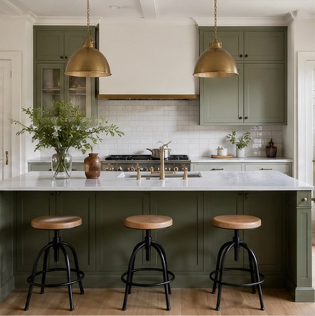 Muted green farmhouse kitchen with wood stools and brass pendants