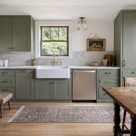 Sage Shaker farmhouse kitchen with apron sink and simple hardware