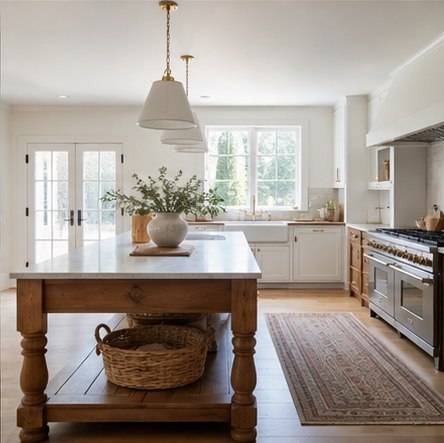 Bright farmhouse kitchen with freestanding wood worktable island