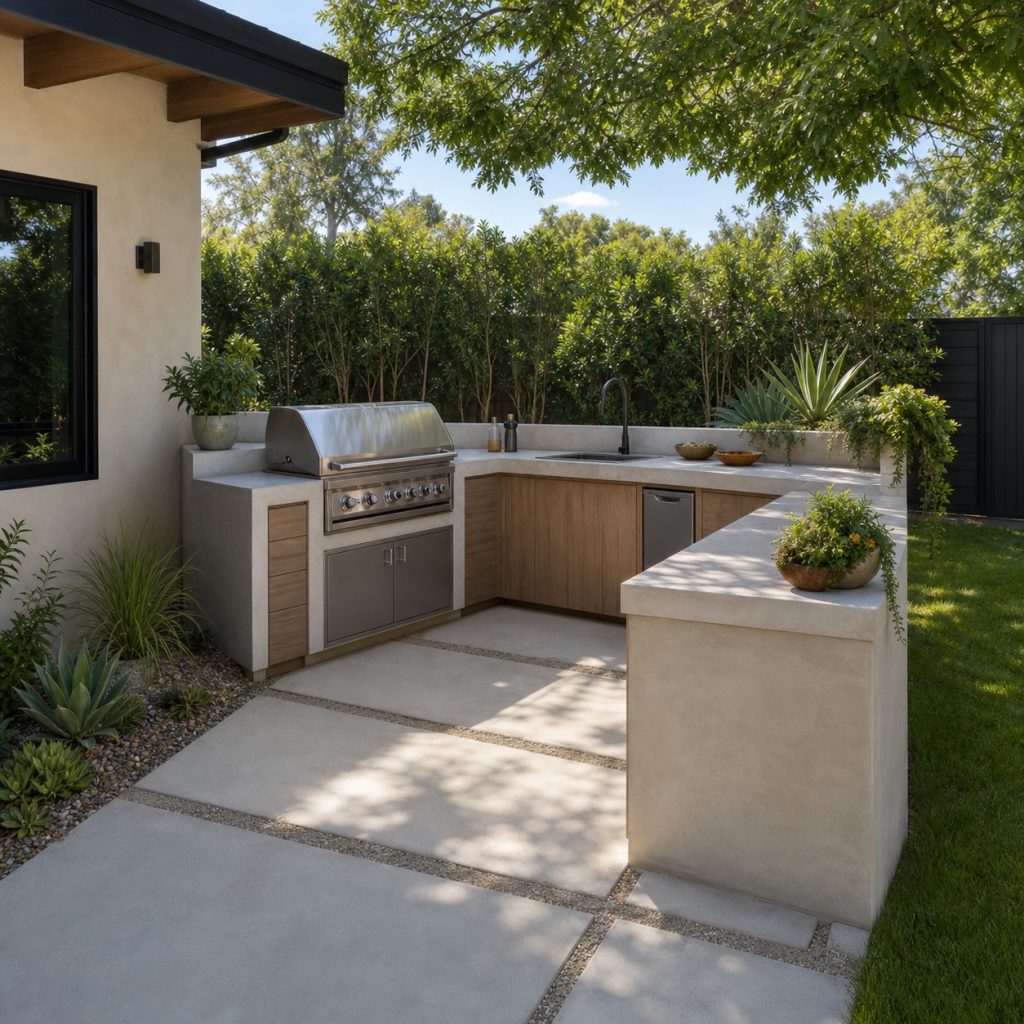 Pale concrete L-shaped outdoor kitchen in a modern landscaped patio
