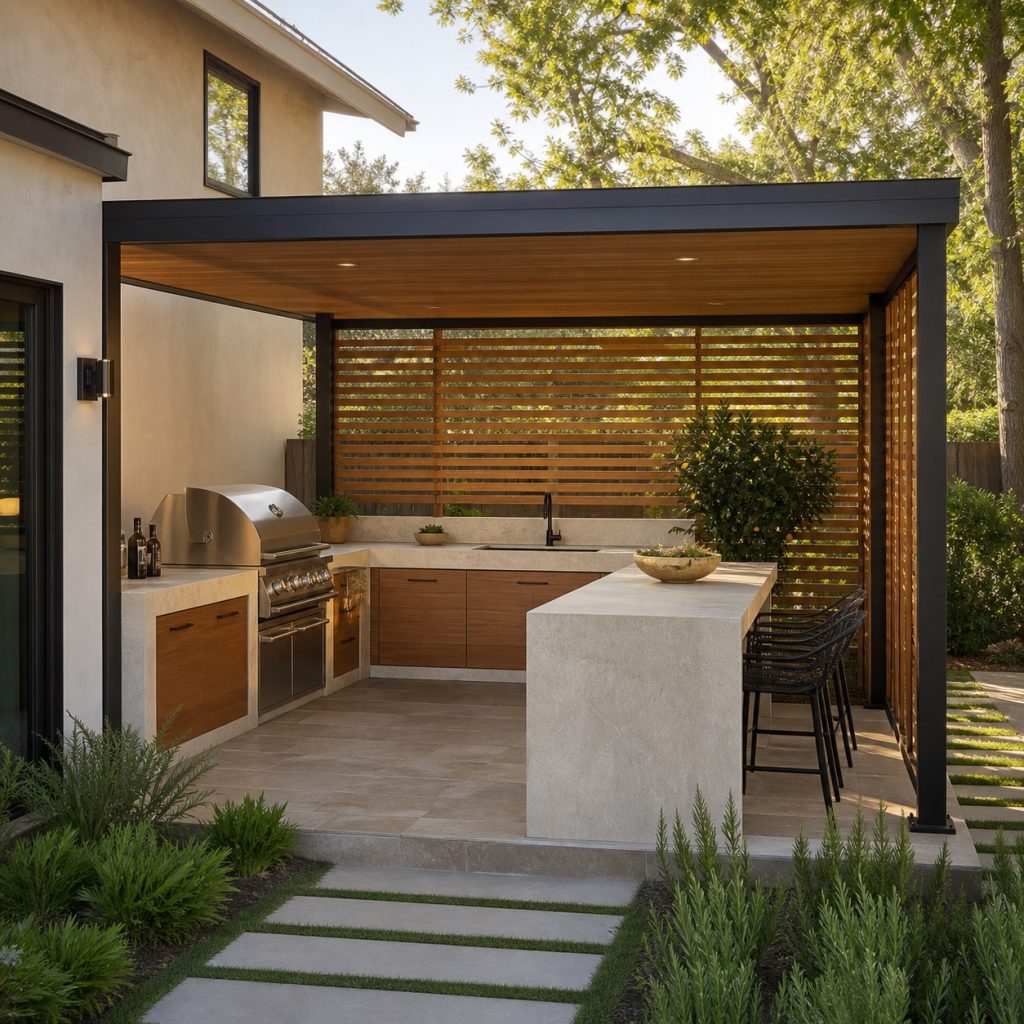 Modern outdoor kitchen combining warm wood cabinets with pale stone counters