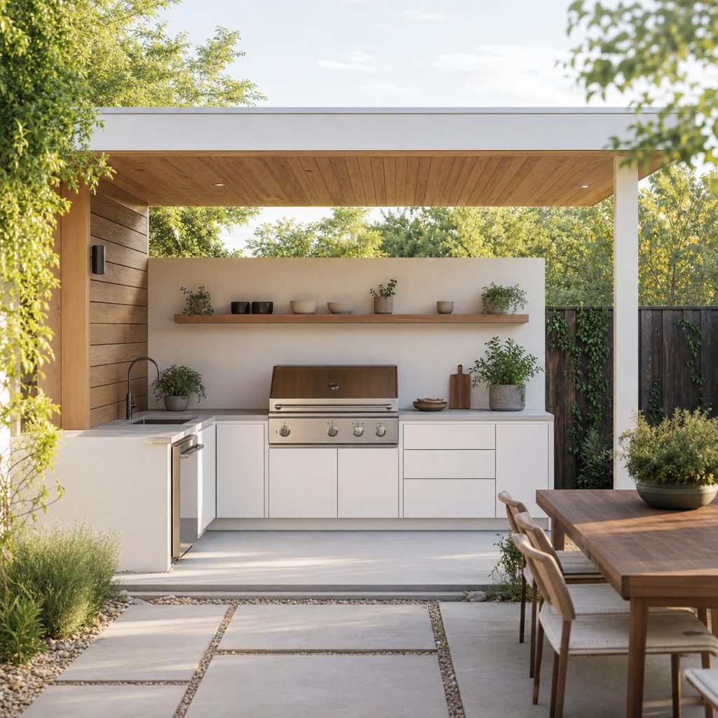 Minimal white outdoor garden kitchen with integrated storage and open shelving
