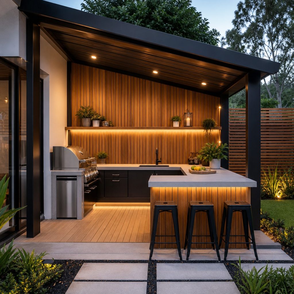 Modern outdoor kitchen beneath a slim dark steel pavilion roof