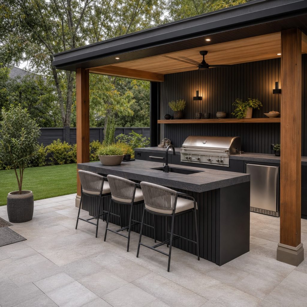 Charcoal outdoor kitchen island with grill, prep counter, and bar seating