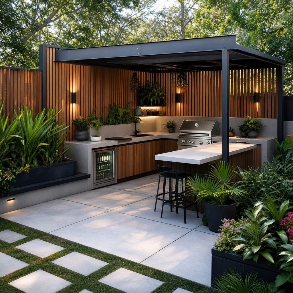 Contemporary courtyard outdoor kitchen with slatted screen and compact island