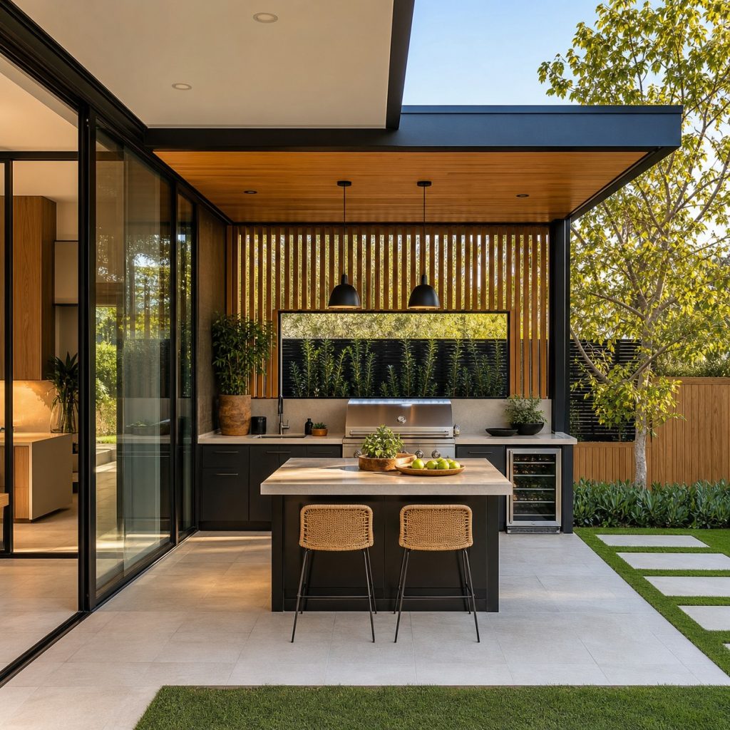 Contemporary outdoor kitchen aligned with large sliding doors and indoor kitchen