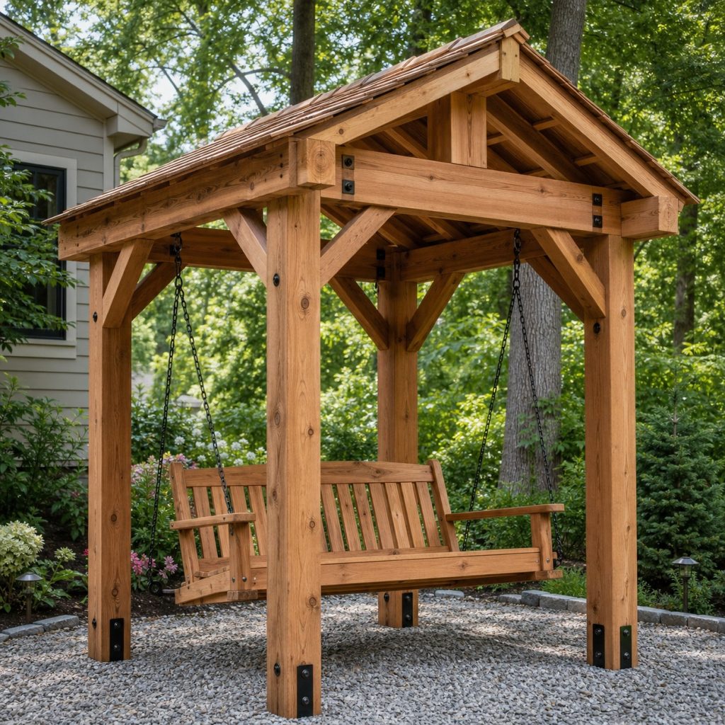 Gable-roof timber garden arbor with centered wooden swing