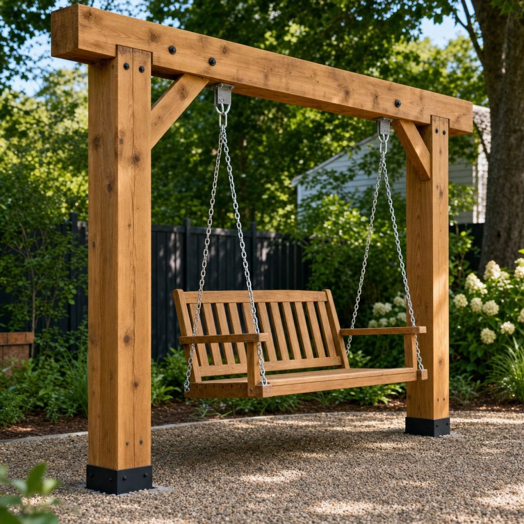 Close view of galvanized swing hanger hardware through a heavy wood beam