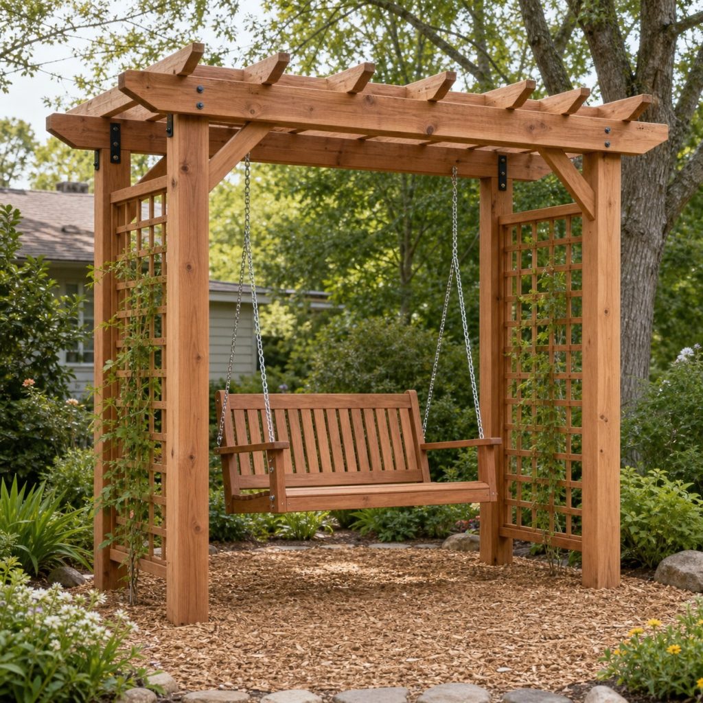 Arbor swing with lattice side panels and open travel clearance