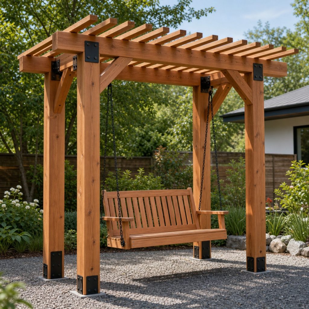 Modern cedar pergola swing with slatted roof and black hardware