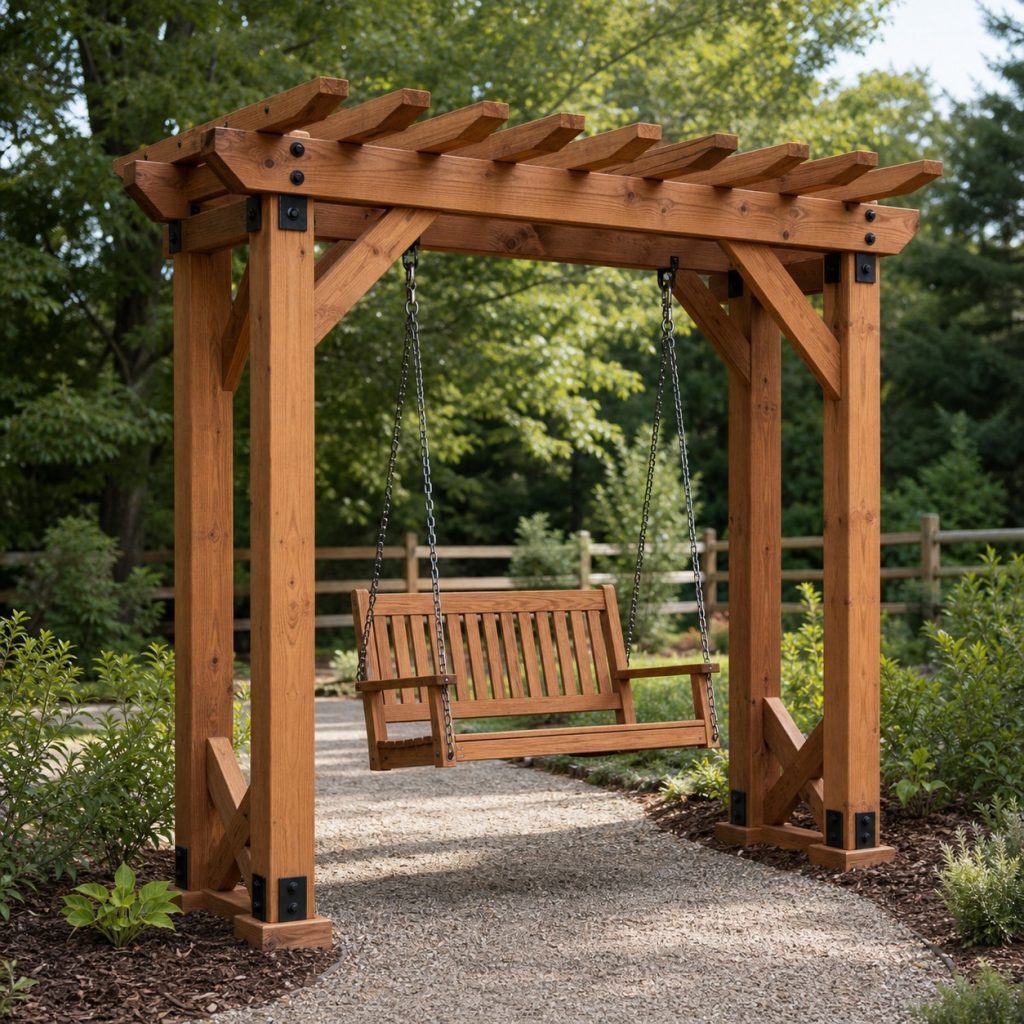 Garden arbor swing at the end of a path with open front and rear space