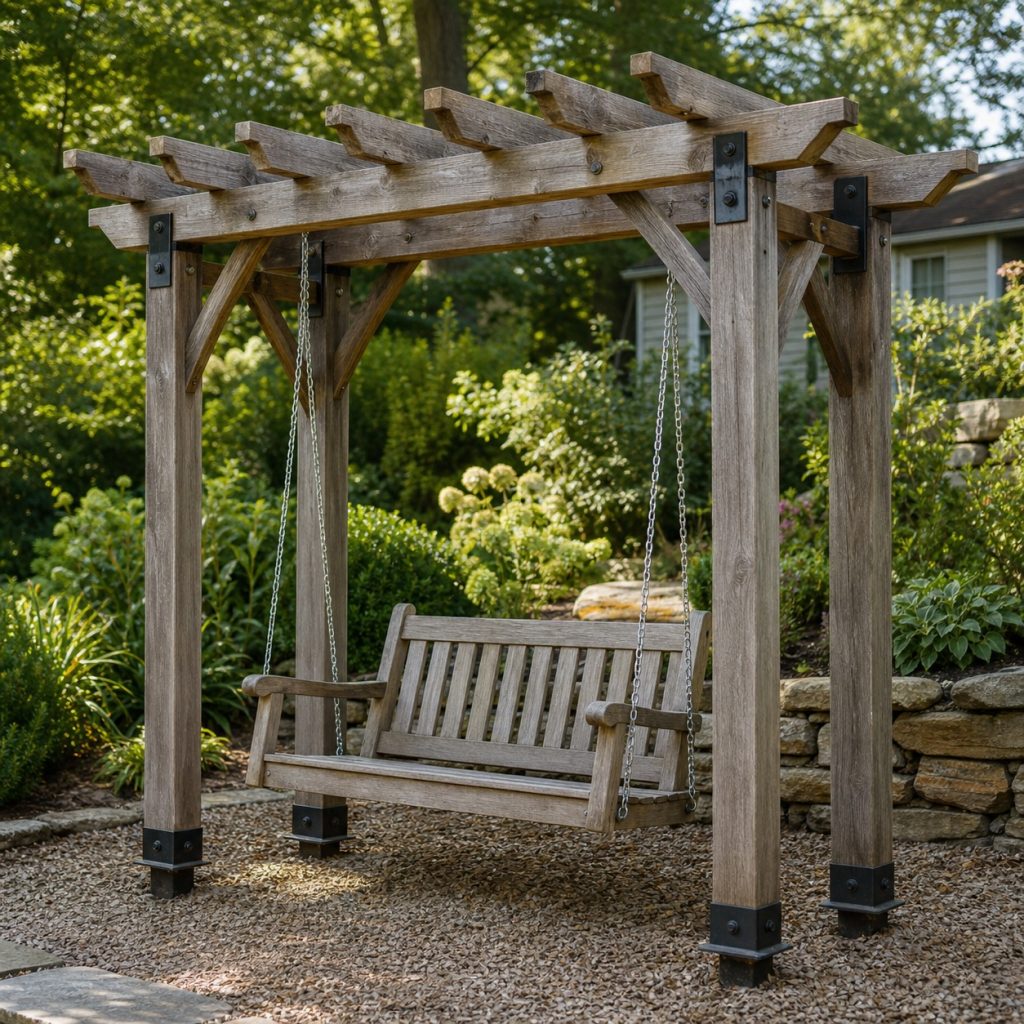 Weathered arbor swing with raised post bases and maintained hardware