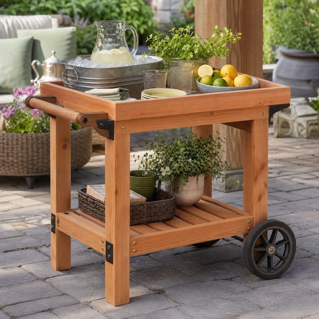 Narrow wooden patio cart with removable top tray and two rear wheels